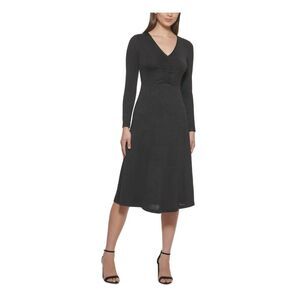KENSIE DRESSES Womens Black Long Sleeve V Neck Midi Fit + Flare Dress XS